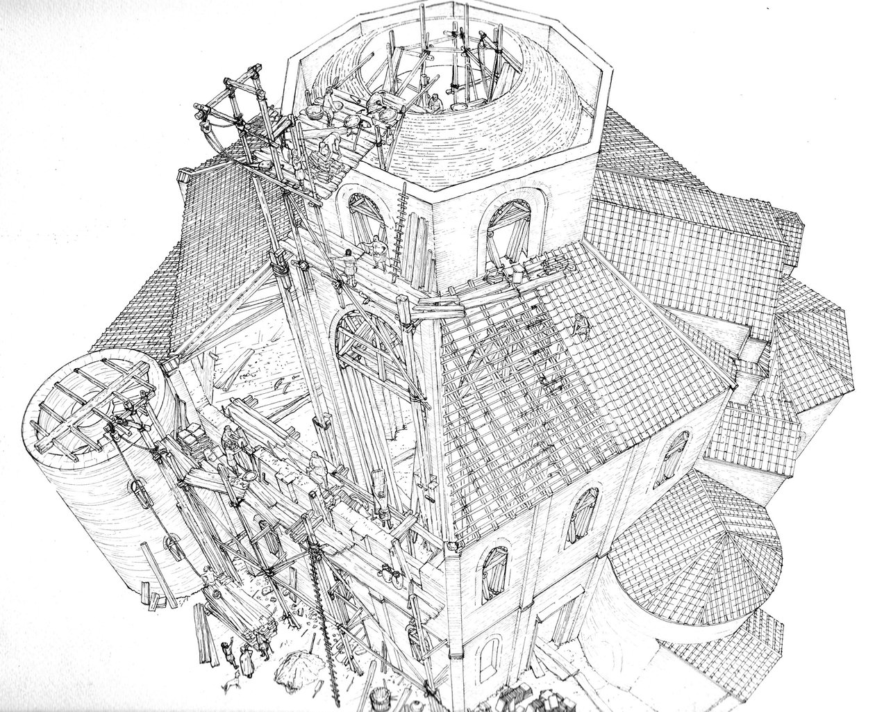 Byzantinsk kunst: gengivelse af byggepladsen for Sankt Vitals basilika (Saint Vital eller San Vitale) i Ravenna i det 5. århundrede. Aeriansk udsigt, der viser arbejderne på stilladset, som arbejder på kuplens ramme. Italien Illustration af Giorgi af Giorgio Albertini