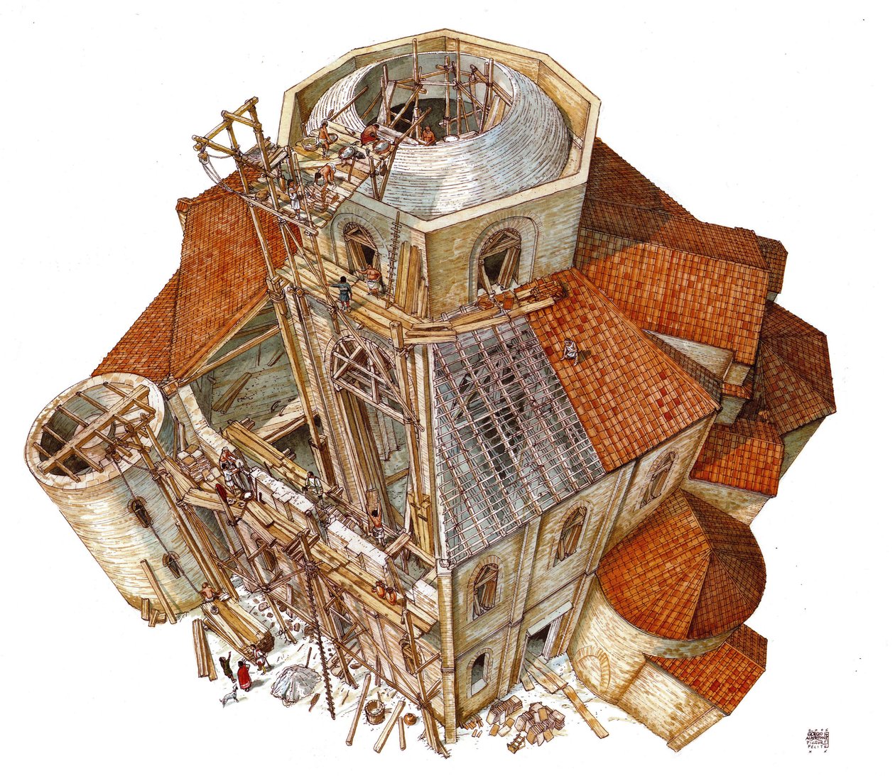 Byzantinsk kunst: gengivelse af byggepladsen for Sankt Vitals basilika (Saint Vital eller San Vitale) i Ravenna i det 5. århundrede. Aeriansk udsigt, der viser arbejderne på stilladset, som arbejder på kuplens ramme. Italien Illustration af Giorgi af Giorgio Albertini