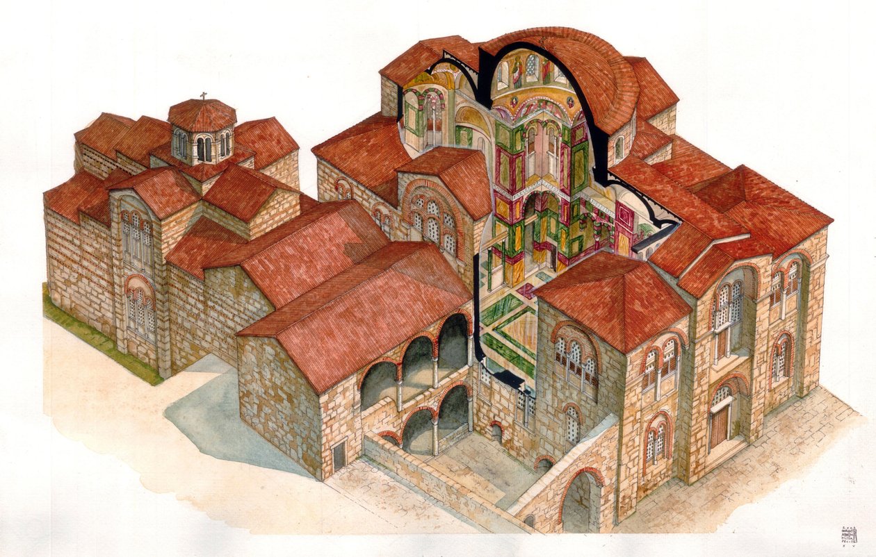 Byzantinsk kunst: Udsigt og arkitektonisk udsnit af klosteret Hosios Loukas (Osios Lukas eller Luckas), bygget i det 11. århundrede. Grækenland af Giorgio Albertini