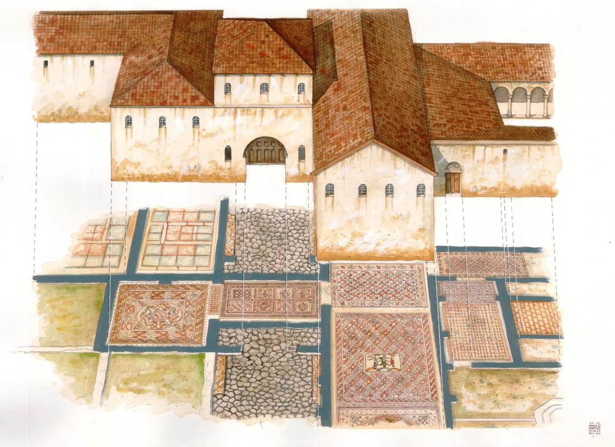 Byzantinsk kunst: Udsigt til Domus-stedet med stentæpper (dei tappeti di pietra) i Ravenna (Ravenna) i det 6. århundrede, der består af mosaik fra et byzantinsk palads. af Giorgio Albertini