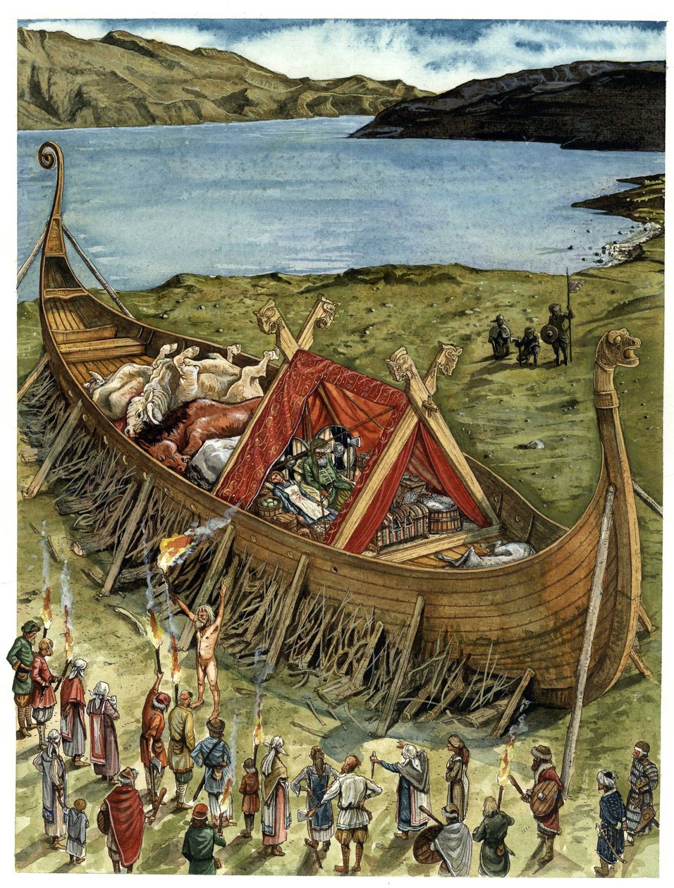 Begravelsesceremoni blandt vikingerne, hvor den afdøde placeres i en mislykket båd (drakkar) fyldt med ofrede dyr og genstande fra begravelsesudstyret og venter på at blive brændt. 10. århundrede af Giorgio Albertini