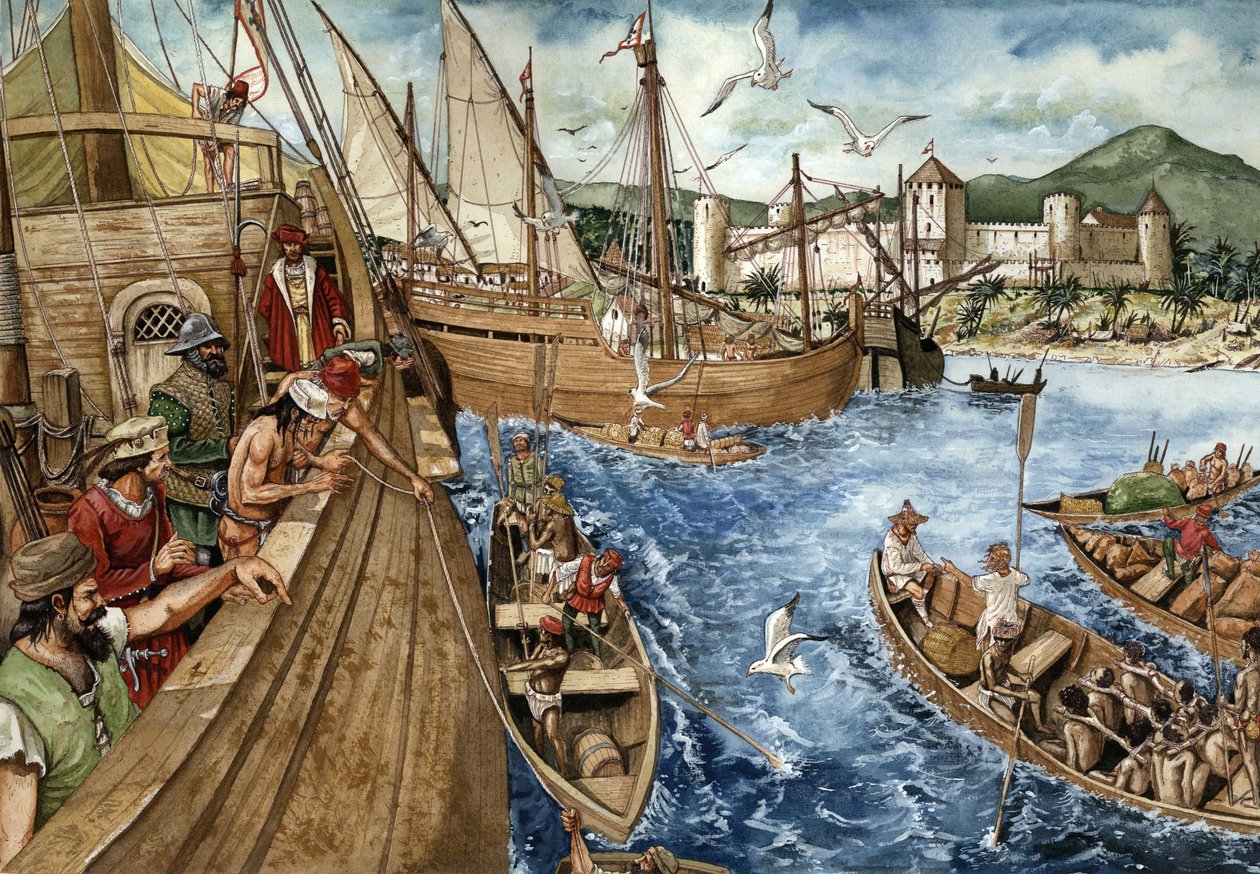 Kolonisering af Guldkysten (Ghana) i Afrika: Portugiserne tog af sted til Guineas kyst 21.1.1482 og byggede fortet Sao Jorge de Mina (Elmina) for at styrke guld- og slavehandelen. Portugisiske karaveller repræsenteret langs de afrikanske kyster. Il af Giorgio Albertini