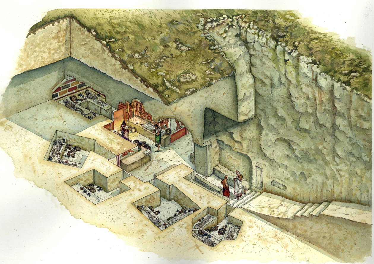 Etruskisk civilisation: rekonstruktion og udskæring af graven Francois de Vulci. 3. århundrede f.Kr. Italien af Giorgio Albertini