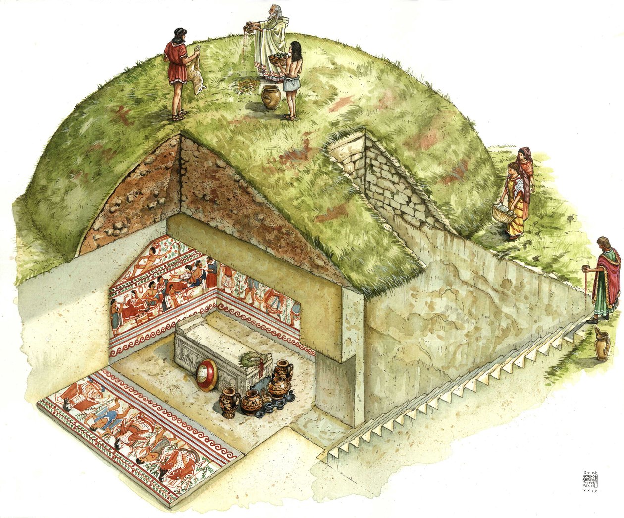 Etruskisk civilisation: rekonstruktion og udskæring af Triclinios grav (triclinium), Tarquinias nekropolis. 5. århundrede f.Kr. Italien Illustration af Giorgio Albertini. af Giorgio Albertini
