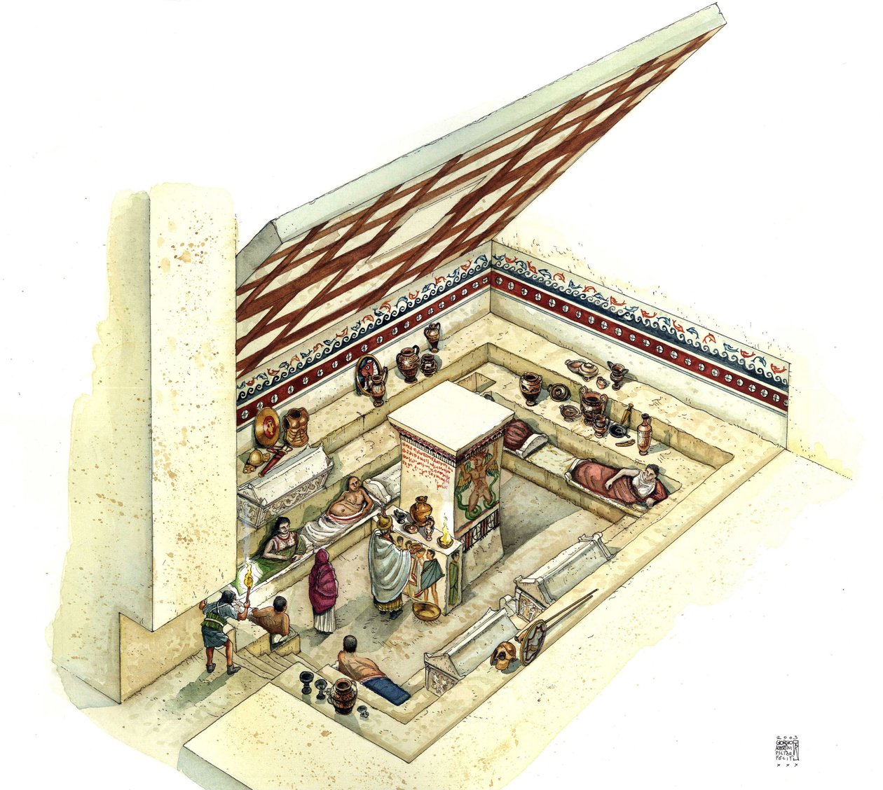 Etruskisk civilisation: rekonstruktion og udskæring af Tifone-graven (tyfonen), Tarquinias nekropolis. 2. århundrede f.Kr. Italien af Giorgio Albertini