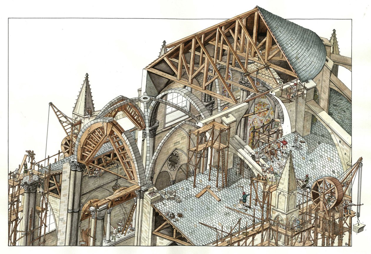 Gotisk kunst: Rekonstruktion af byggepladsen for en gotisk katedral, arbejderne klatrer på stilladser og bruger taljer. 13. århundrede Illustration af Giorgio Albertini. (Brugen af denne forfatters værker er ikke underlagt en ansøgning om tilladelse fr af Giorgio Albertini