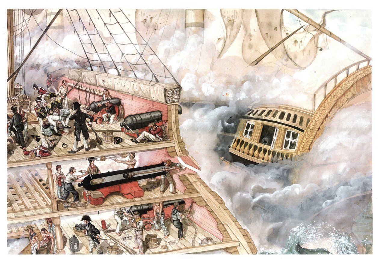 Napoleonskrigen: Slaget ved Trafalgar, der blev udkæmpet 21/10/1805 mellem den fransk-spanske flåde under ledelse af admiral Villeneuve og den britiske flåde under ledelse af viceadmiral Nelson. Tværsnit af skibet, der viser det indre, s af Giorgio Albertini