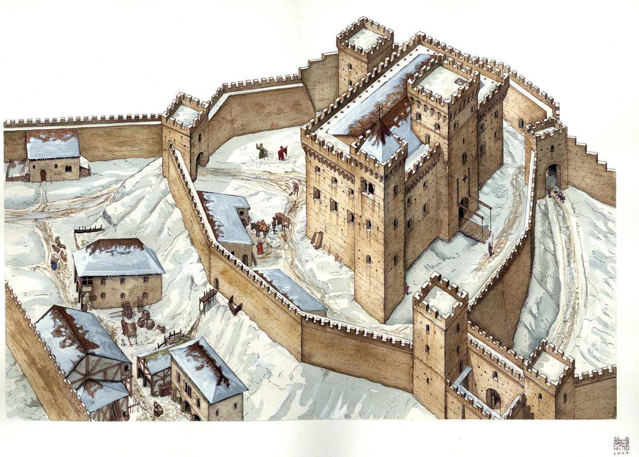 Middelalderarkitektur: Rekonstruktion af slottet i byen Udine i det 14. århundrede. Italien Illustration af Giorgio Albertini. (Brugen af denne forfatters værker er ikke betinget af en ansøgning om tilladelse fra en tredjepart eller af betaling o af Giorgio Albertini