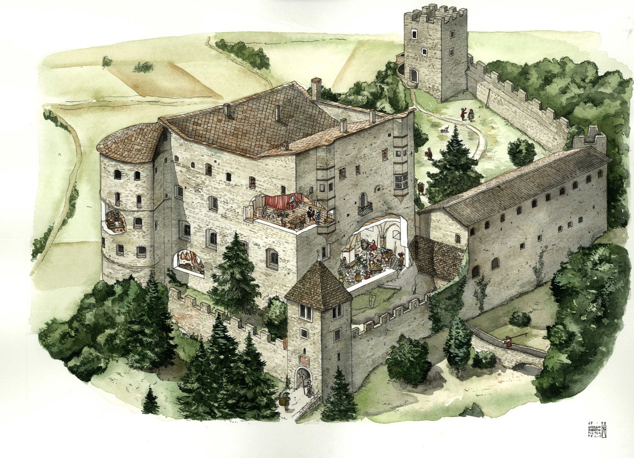 Middelalderarkitektur: Udsigt over slottet i Pergine med udskæringer, der giver mulighed for at se indbyggernes liv i slottets rum i det 16. århundrede. Pergine Valsugana, Trento, Italien Illustration af Giorgio Albertini. (Brugen af denne forfatters værke af Giorgio Albertini
