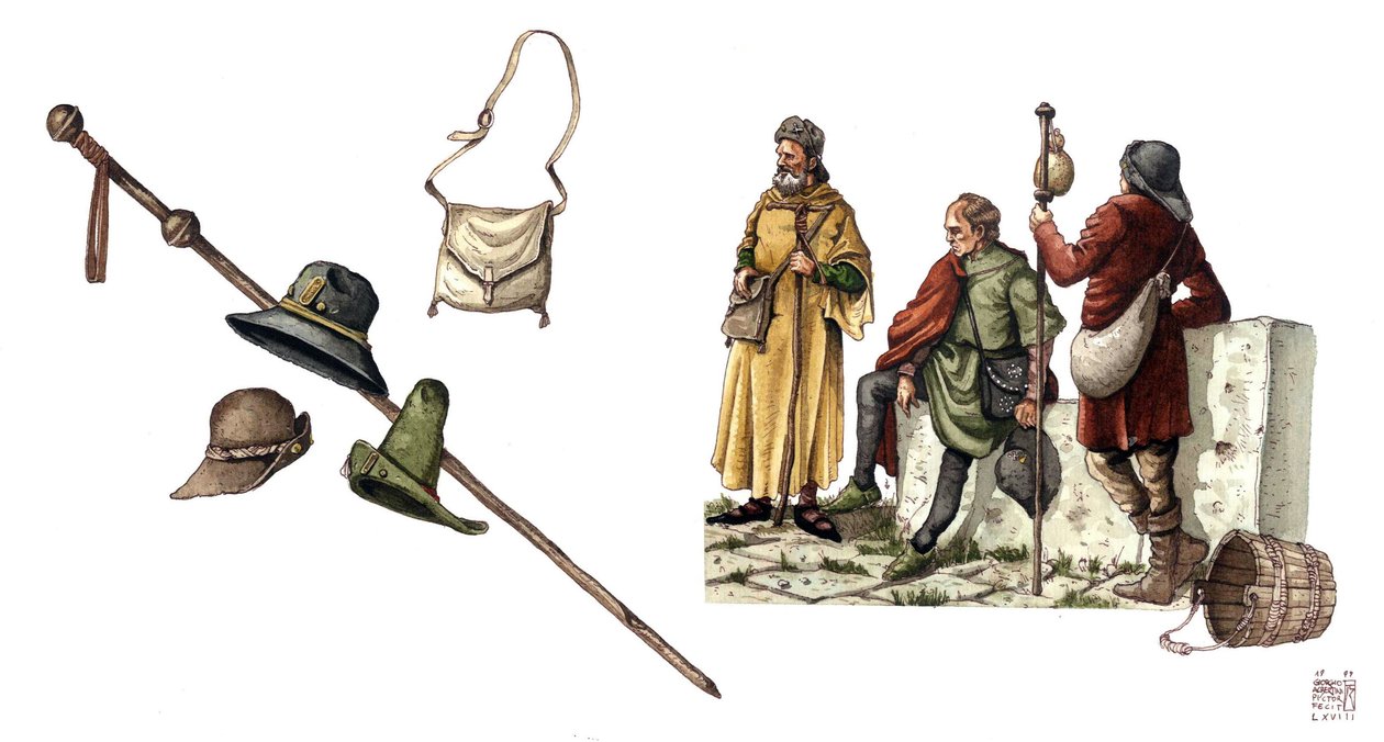 Middelaldermode: pelerinerkostume mellem det 12. og 14. århundrede, taske, hatte, stok, tunikaer. af Giorgio Albertini