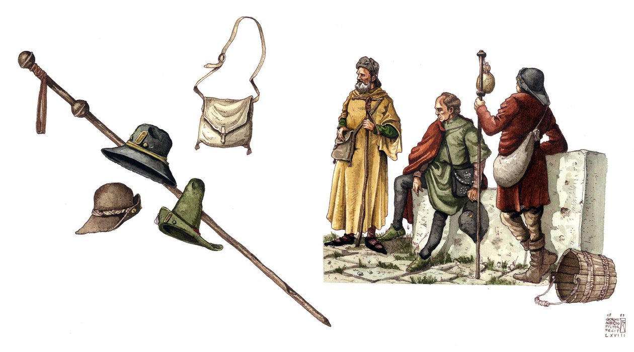 Middelaldermode: pelerinerkostume mellem det 12. og 14. århundrede, taske, hatte, stok, tunikaer. af Giorgio Albertini
