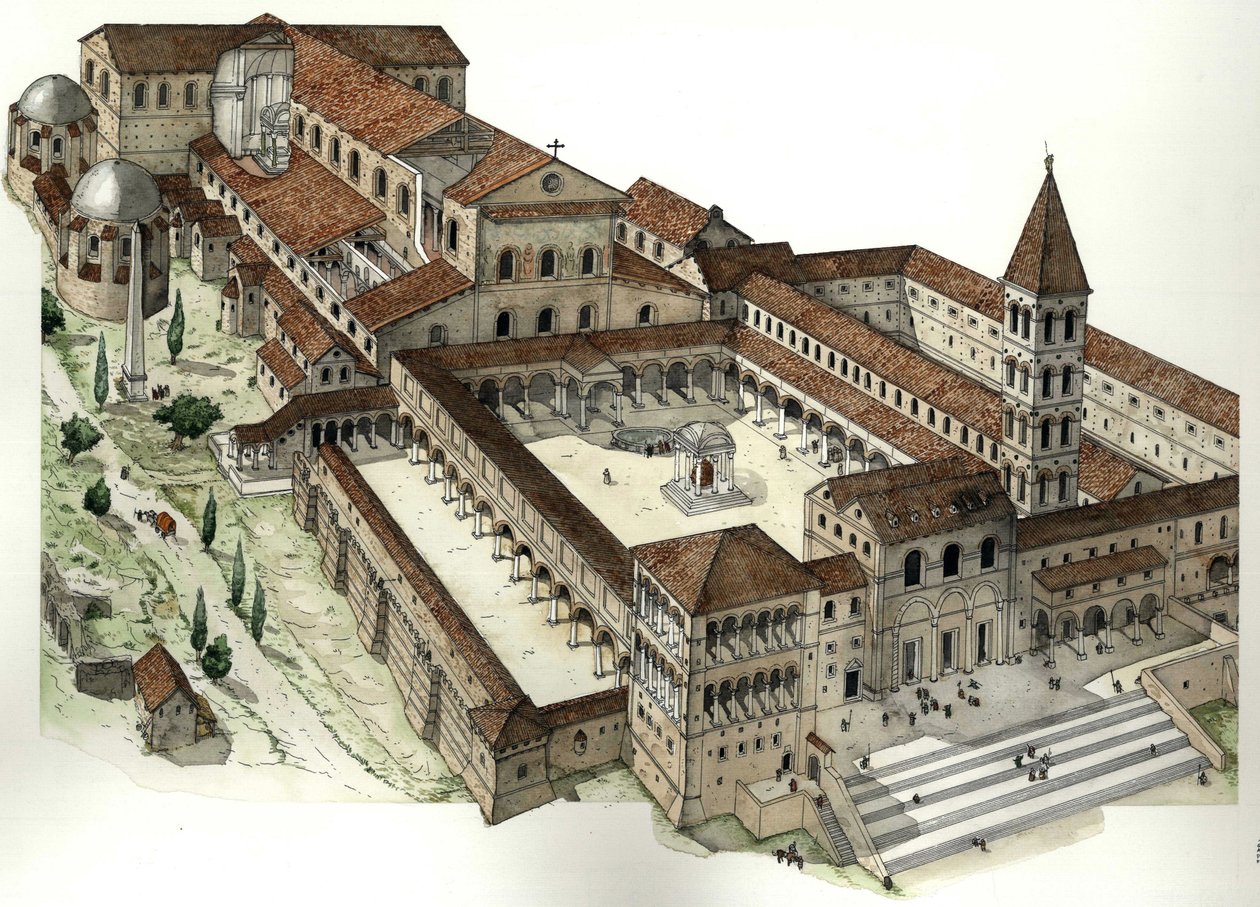 Middelalderen: Den gamle Peterskirke i Rom (Basilica di San Pietro eller Basilica di Constantine) ca. 1300, Rom, Italien af Giorgio Albertini