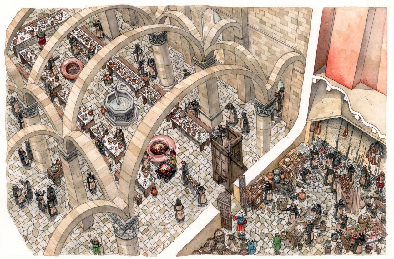 Middelalderen: et refektorium og et køkken i et kloster. Religiøst arbejde med at tilberede fælles måltider. 12. eller 13. århundrede af Giorgio Albertini