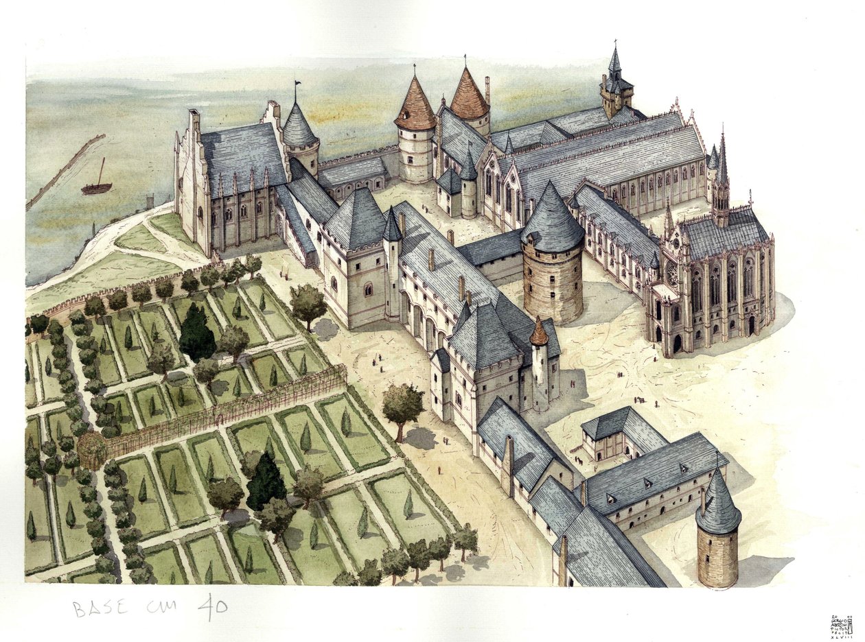 Middelalderen: Luftfoto af Concierge-paladset i Paris, som det så ud i det 15. århundrede, da det blev et fængsel. af Giorgio Albertini