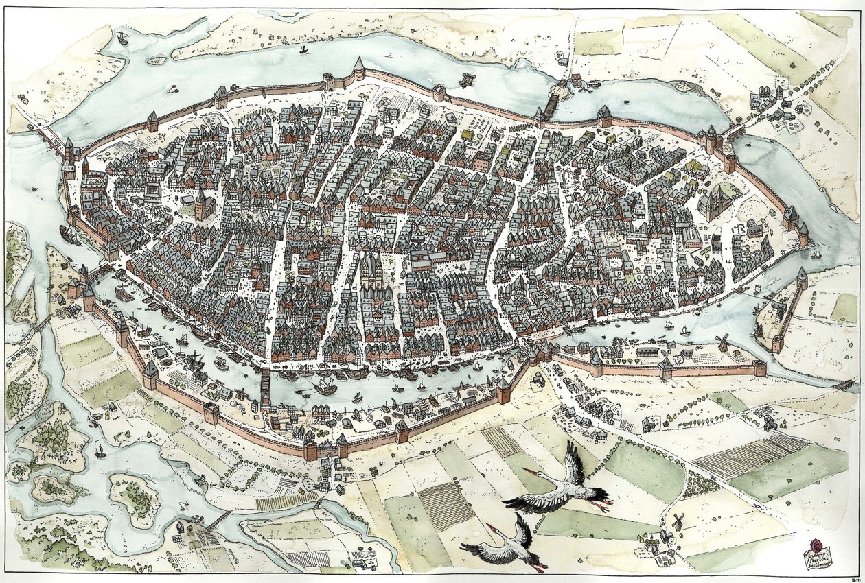 Middelalderen: Luftfoto af byen Lubeck i Tyskland med gadekort, der viser dens geografiske placering på en ø ved sammenløbet af floderne Wakenitz og Trave. Det 15. århundrede. Tyskland Illustration af Giorgio Albertini. (Brugen af denne forfatters w af Giorgio Albertini
