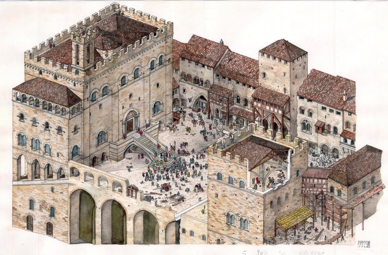 Middelalderen: Luftfoto af det centrale torv i byen Gubbio (Umbrien) i Italien i det 14. århundrede. Konsulernes palads ses til venstre. af Giorgio Albertini
