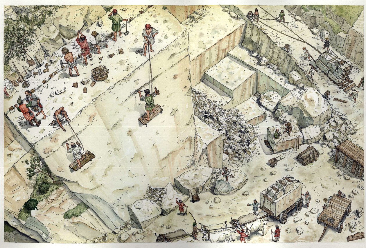 Middelalderen: Luftfoto af arbejdere, der arbejder i marmorbruddene i Carrara (Carrara) i det 15. århundrede. De forskellige trin er repræsenteret, udvinding, blokstørrelse, transport. Italien Illustration af Giorgio Albertini. (Brugen af denne forfatters  af Giorgio Albertini