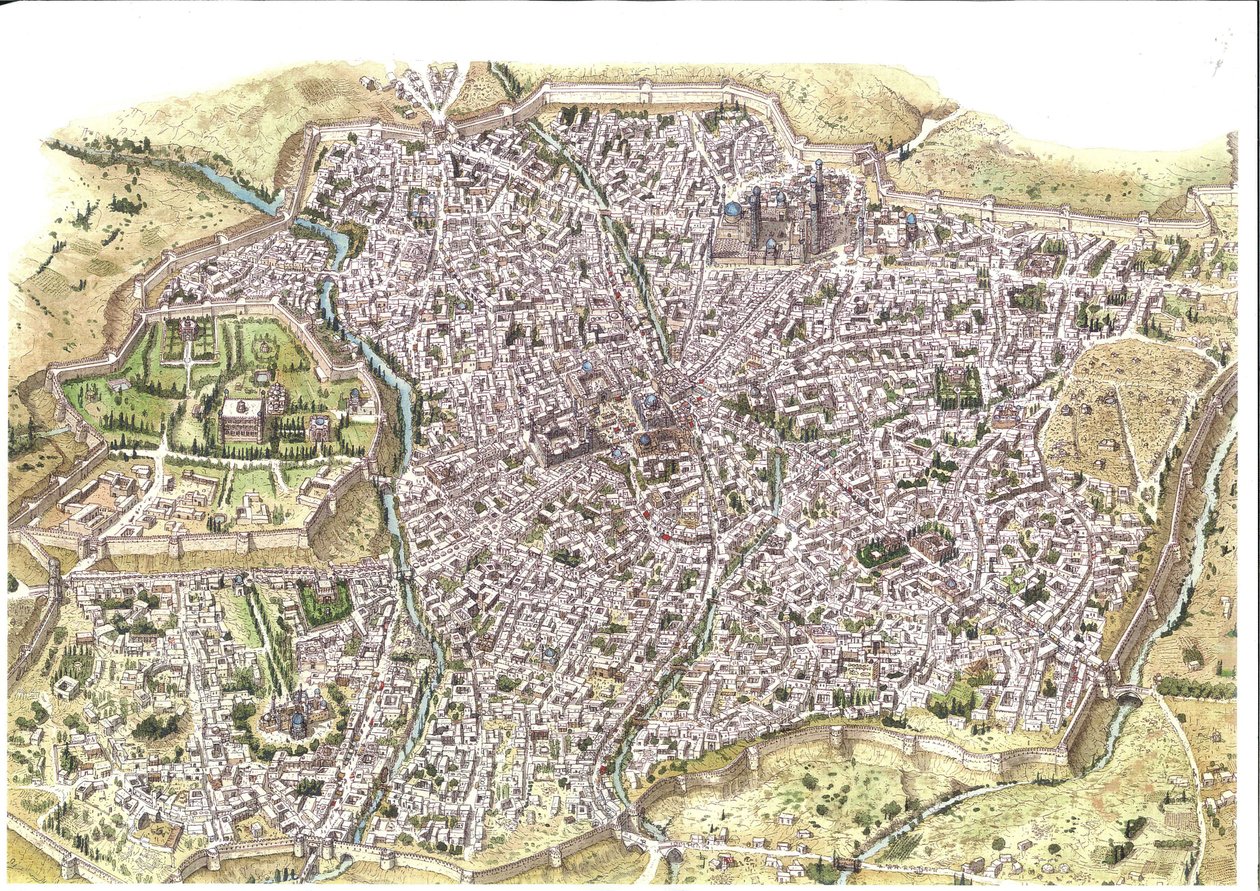Middelalderen: detaljeret luftfoto af byen Samarkand (Samarkand), hvor man kan se voldene, i Usbekistan på det mongolske Chaybanid-dynastis tid. 1450 omkring Centralasien. Illustration af Giorgio Albertini. (Brugen af denne forfatters værker er af Giorgio Albertini