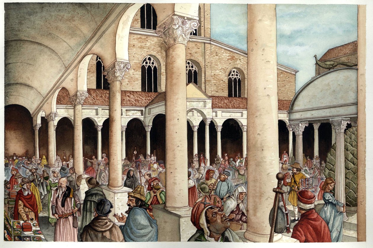 Middelalderen: fideles, pelerins, handlende og romere repræsenteret i det 13. århundrede i peristylen (indgangen) til den gamle Peterskirke i Rom (Peterskirken eller San Pietro-kirken eller Konstantin-kirken) fra Romerriget, Rom. af Giorgio Albertini