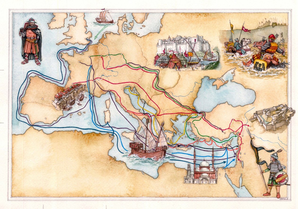 Middelalderen: kort over Europa og Mellemøsten, der viser de land- og søruter, som korstogene brugte under de forskellige korstog. af Giorgio Albertini