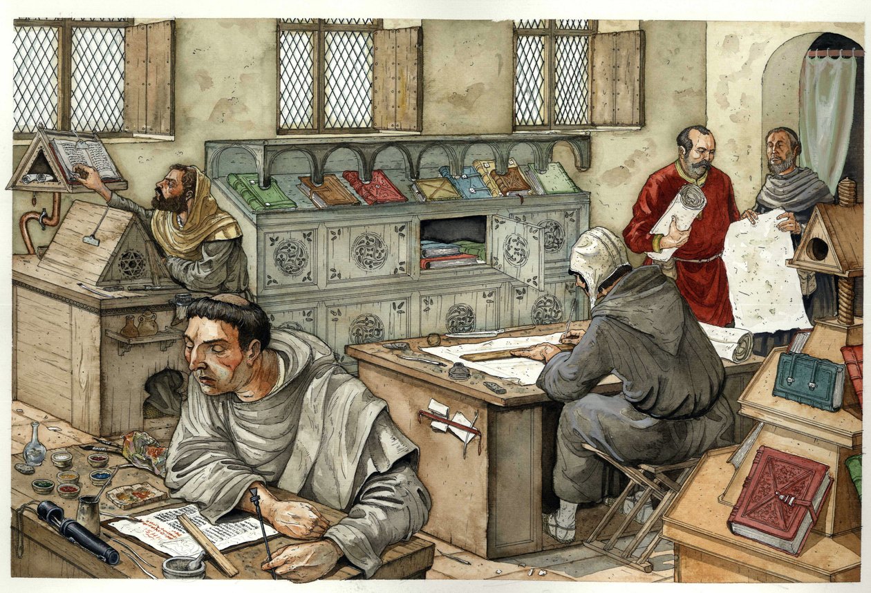 Middelalderen: Munke kopierer manuskripter i et scriptorium i det 13. århundrede. Illustration af Giorgio Albertini. af Giorgio Albertini