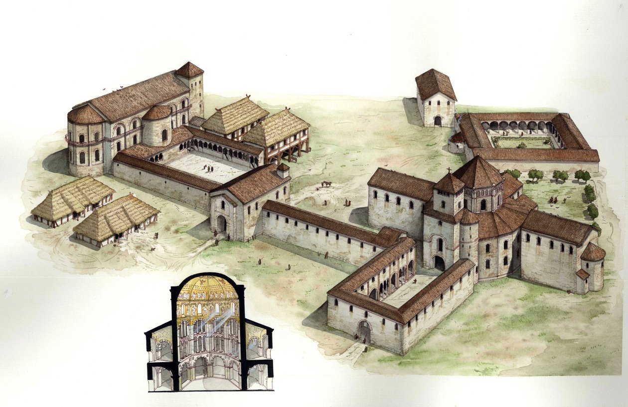 Middelalderen: Oversigt og tværsnit, der rekonstruerer Karl den Stores palads (ca. 742-814), som blev opført af arkitekten Eudes de Metz omkring 794 i Aachen i Tyskland. Illustration af Giorgio Albertini. (Brugen af denne forfatters værker er ikke underlag af Giorgio Albertini