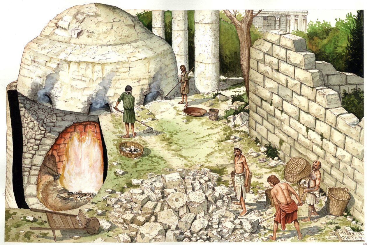 Middelalderen: Rekonstruktion af en kalkovn (chaufour), arbejdere bearbejder kalksten. Illustration af Giorgio Albertini. (Brugen af denne forfatters værker er ikke underlagt en ansøgning om tilladelse fra en tredjepart eller betaling af yderligere gebyrer af Giorgio Albertini