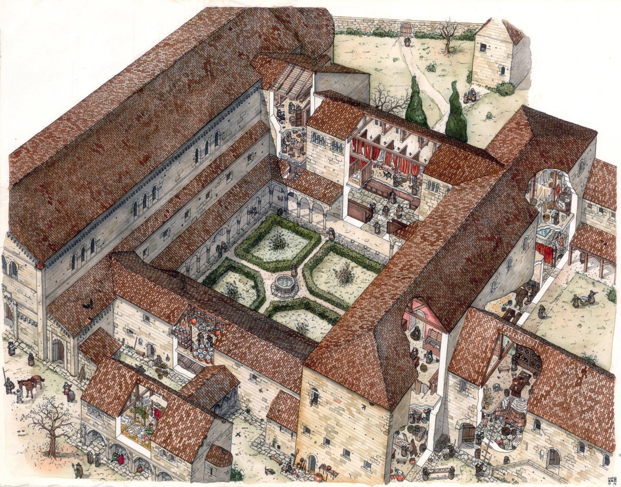 Middelalderen: Genopbygning af et kloster og nonnernes eller munkenes liv. Udskæringerne giver dig mulighed for at se de indre scener. Illustration af Giorgio Albertini. (Brugen af denne forfatters værker er ikke underlagt en ansøgning om tilladelse fra en af Giorgio Albertini