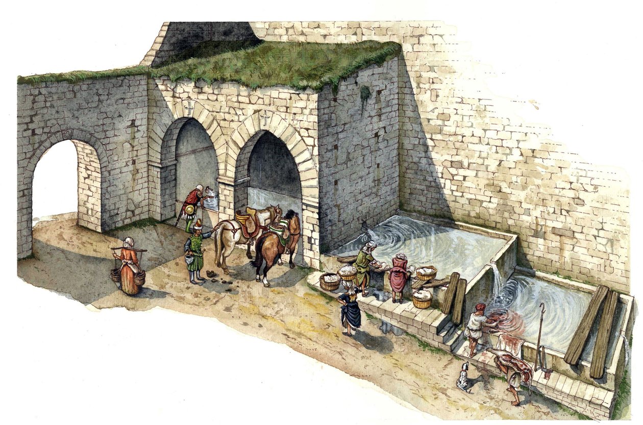 Middelalderen: Genopførelse af et kildevæld i det centrale Italien i det 15. århundrede. Det bruges som vaskehus, vanding og vandsted for byens indbyggere. af Giorgio Albertini