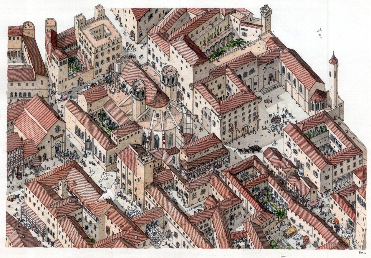 Middelalderen: Genopbygning af det historiske kvarter Barri Gotic (barrio gotico) i Barcelona i det 14. århundrede. Cathedrale Sainte-Eulalie (Sankt Eulalie) er synlig. Spanien Illustration af Giorgio Albertini. (Brugen af denne forfatters værker er ikke u af Giorgio Albertini