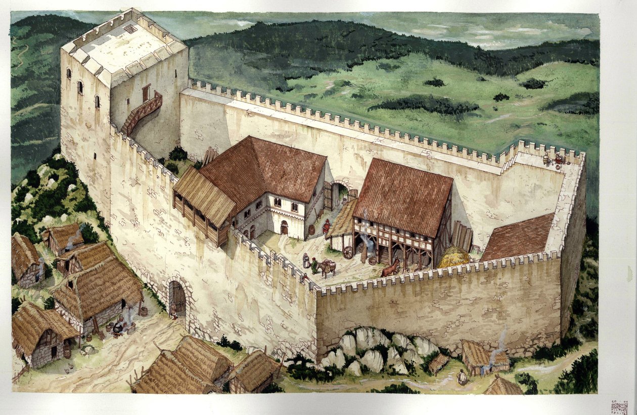 Middelalderen: Rekonstruktion af kathar-borgen Montsegur (færdigbygget i det 13. århundrede), Ariege, Frankrig. af Giorgio Albertini