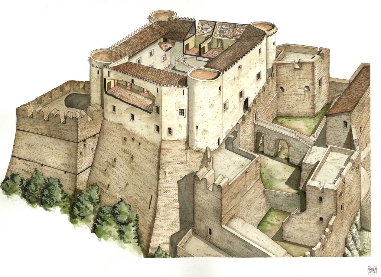 Middelalderen: Rekonstruktion af slottet Santa Severina, bygget i det 11. århundrede, i Catanzaro. Calabrien Italien Illustration af Giorgio Albertini. (Brugen af denne forfatters værker er ikke underlagt en ansøgning om tilladelse fra en tredjepart eller  af Giorgio Albertini