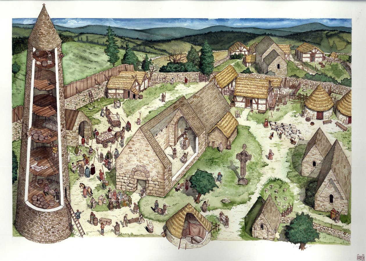 Middelalderen: Rekonstruktion af det gamle kloster i Glendalough, der blev grundlagt af Sankt Kevin, en eneboerpræst. Stedet blev i det 9. århundrede et sted for religiøs uddannelse. Et rundt tårn er synligt i tværsnit, et keltisk kors. Irland i det 9. årh af Giorgio Albertini
