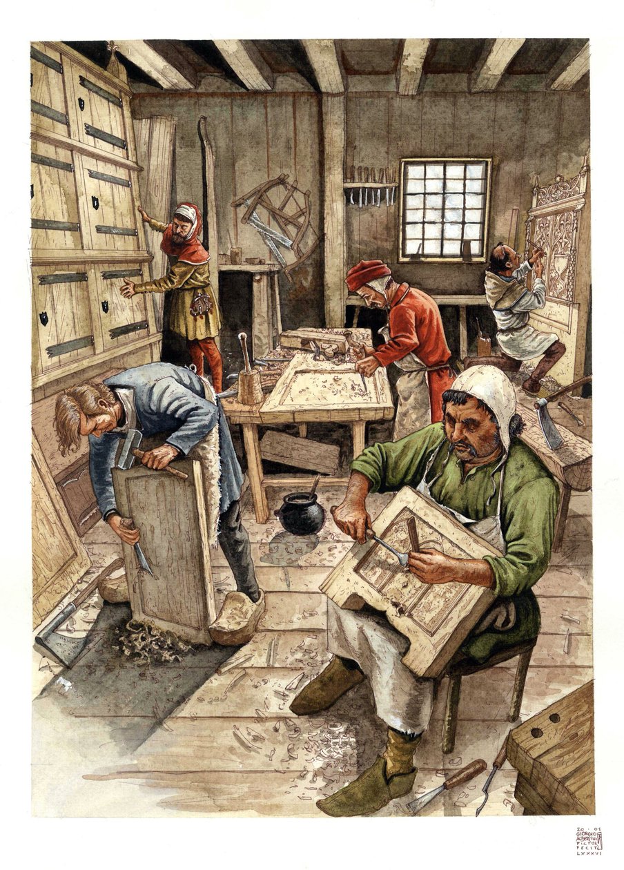 Middelalderen: fremstilling af et værksted for ebenister i det 15. århundrede, arbejdere arbejder med træ. af Giorgio Albertini