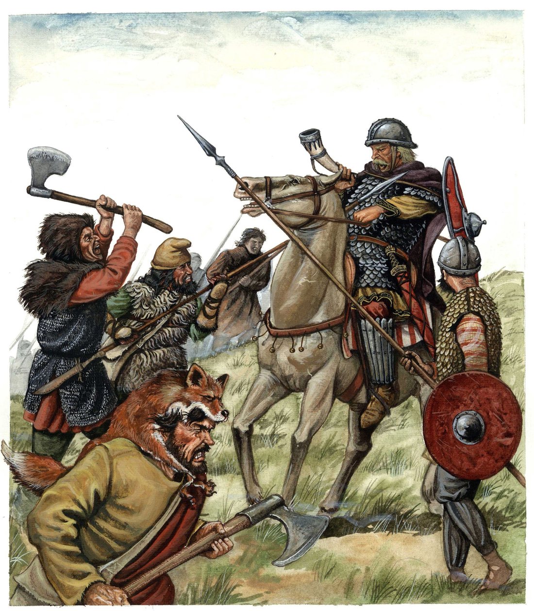 Middelalderen: Scene fra slaget ved Roncesvaux (Spansk Baskerland), Franc-ryttere fra Karl den Stores hær kæmper mod maurerne i 778. Illustration fra det 8. århundrede af Giorgio Albertini. af Giorgio Albertini