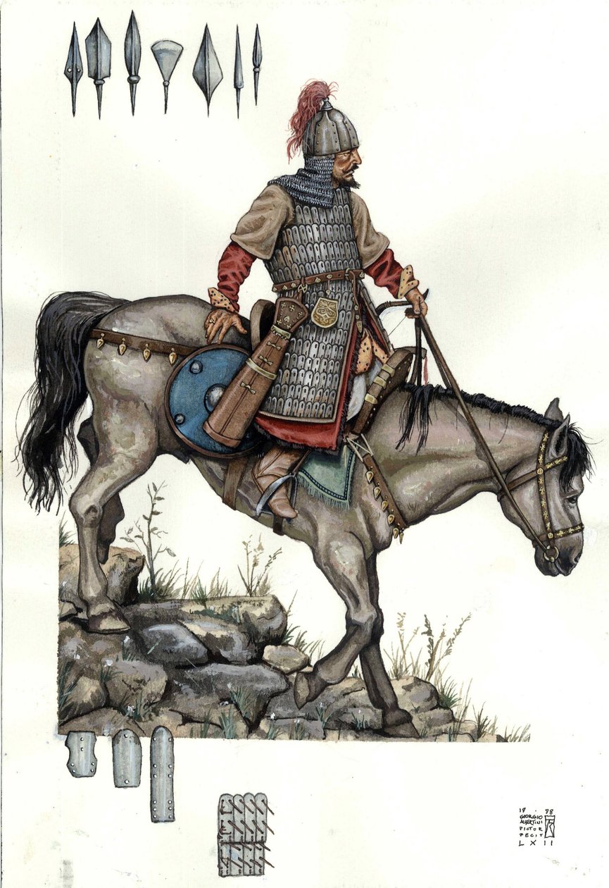 Middelalderen: Soldat i det ungarske tunge kavaleri. 9. århundrede af Giorgio Albertini