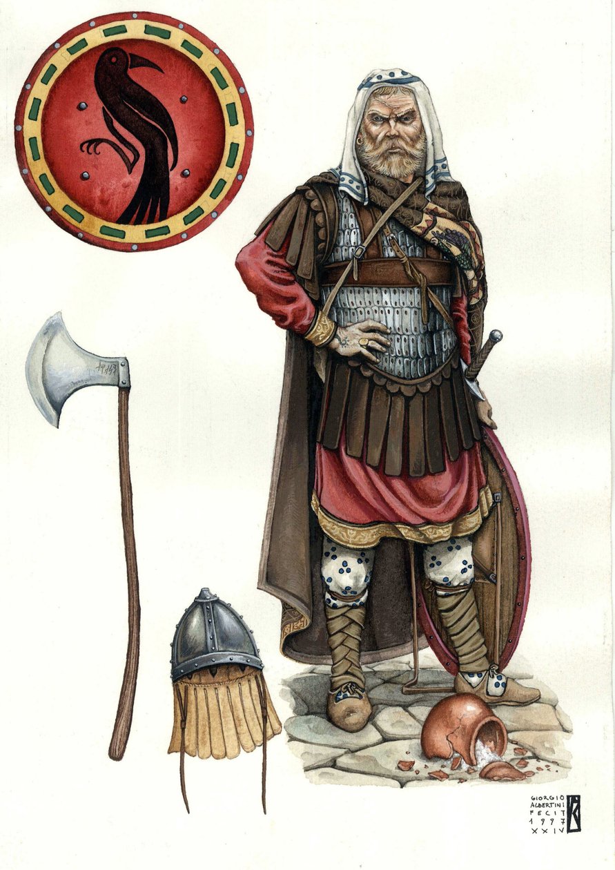 Middelalderen: soldat i Varangian guard (eller varegue guard), elitekorps i den byzantinske hær af Giorgio Albertini