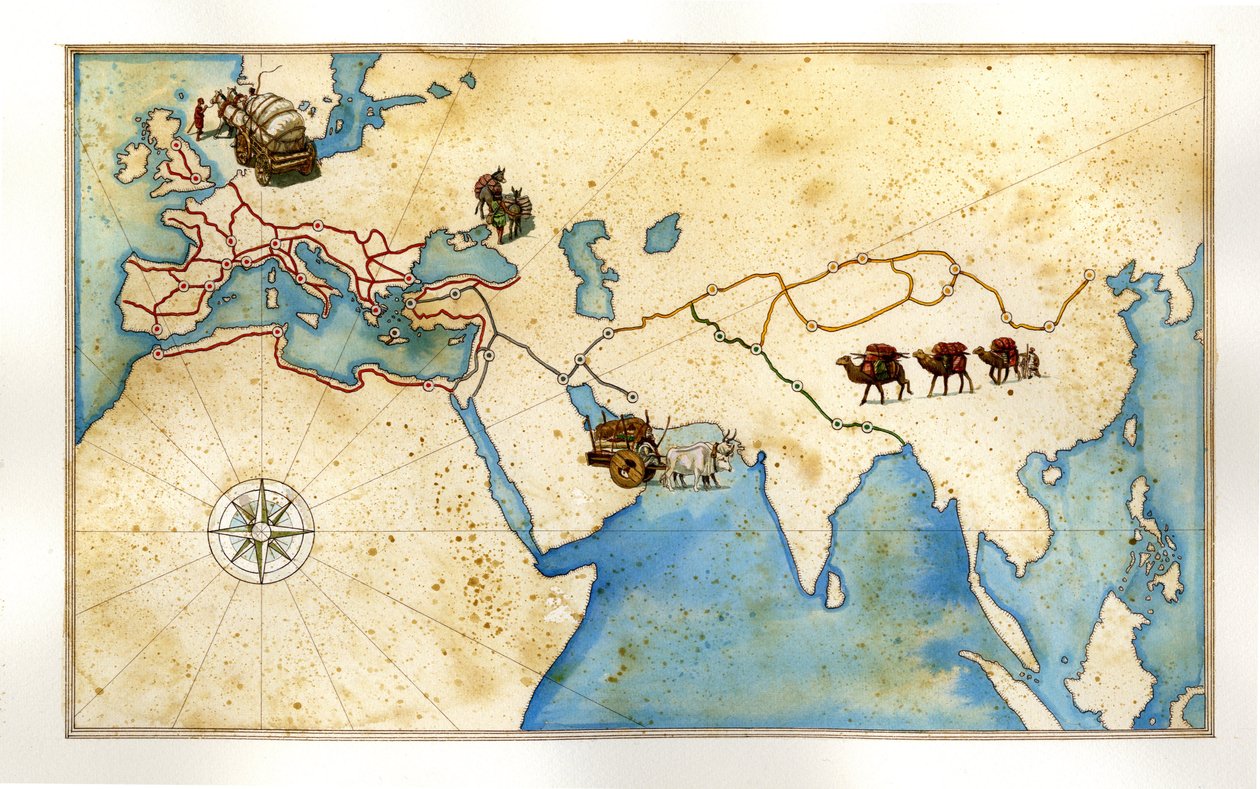 Middelalderen: Hovedvejene gennem Europa (romerske veje), skrællede veje (Jerusalem), Silkevejen til Kina. af Giorgio Albertini