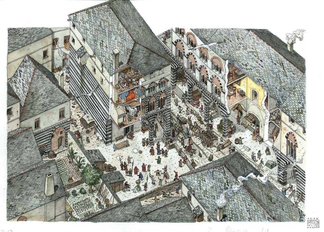 Middelalderen: Udsigt til et palads for købmandsadelen (Curia eller curia) i Genes i det 15. århundrede, gadescener, Italien Illustration af Giorgio Albertini. af Giorgio Albertini
