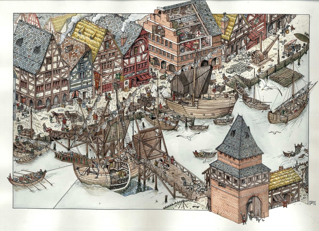Middelalderen: Udsigt til handelsaktiviteter omkring havnen i Lübeck ved Østersøen. Det 14. århundrede. Tyskland af Giorgio Albertini
