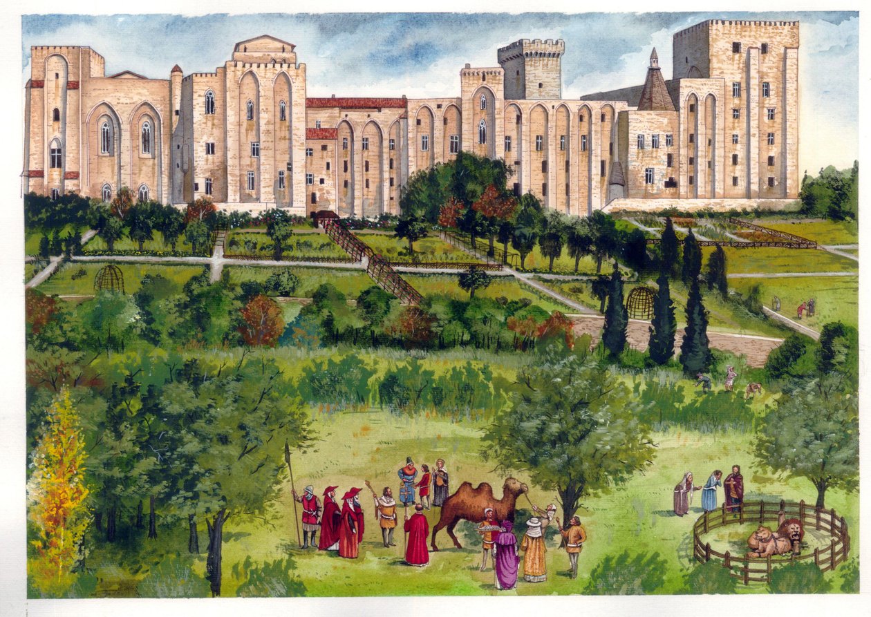Middelalderen: Udsigt til pavepaladset i Avignon, da det var pavernes residens. I haven spadserer medlemmer af kurien for at beundre eksotiske dyr (kameler, løver) 14. århundrede. af Giorgio Albertini