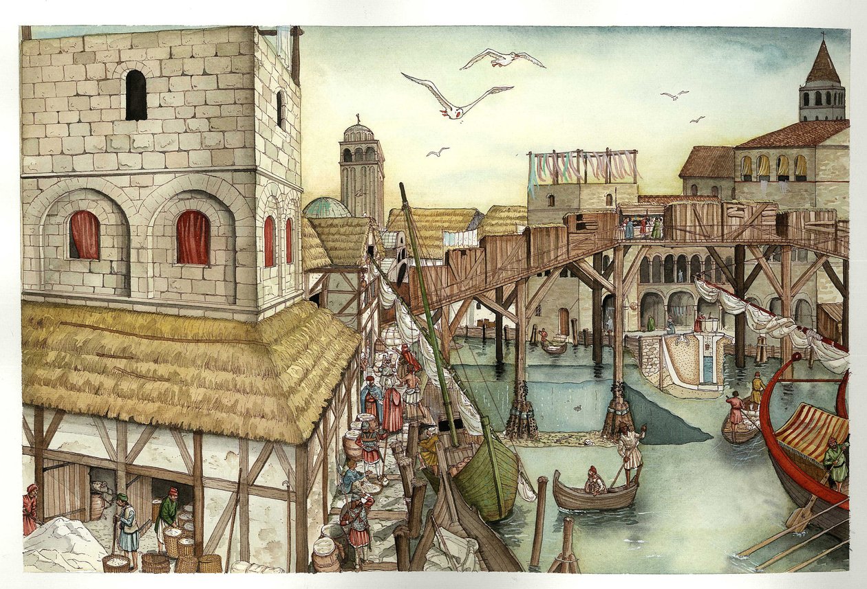 Middelalderen: Udsigt til Rialtobroen i det 11. århundrede og aktiviteter i Venedig, Italien. af Giorgio Albertini