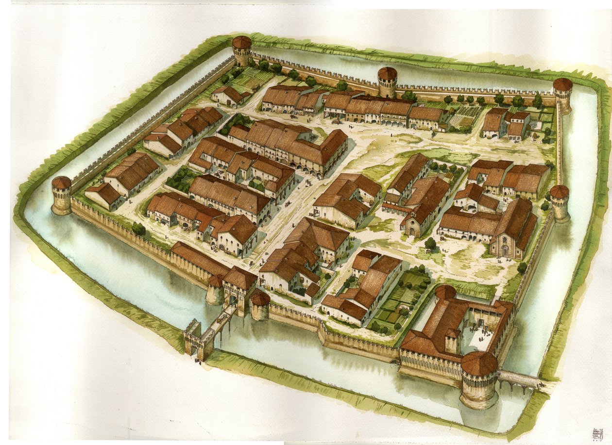 Middelalderen: Udsigt over den befæstede by Bagnara di Romagna i slutningen af det 15. århundrede. Italien af Giorgio Albertini