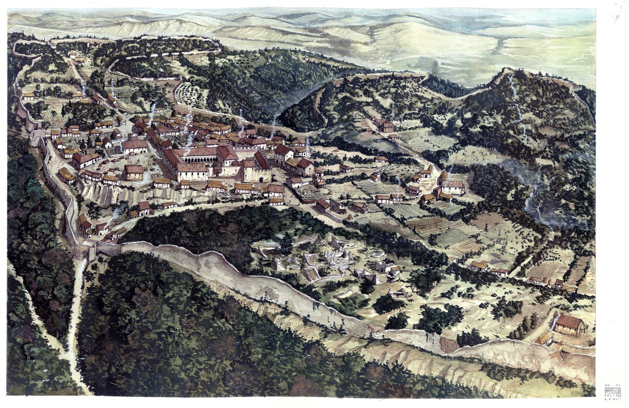Middelalderen: Udsigt over middelalderbyen Volterra, omgivet af volde, i det 10. århundrede. Toscana. Italien Illustration af Giorgio Albertini. (Brugen af denne forfatters værker er ikke underlagt en ansøgning om tilladelse fra en tredjepart eller til t af Giorgio Albertini