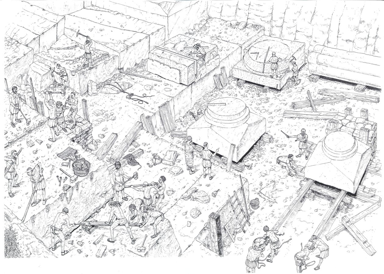 Middelalderen: Udsigt med arbejdere, der arbejder i marmorbruddene i Carrara (Carrara) i det 15. århundrede. Italien Illustration af Giorgio Albertini. (Brugen af denne forfatters værker er ikke underlagt en ansøgning om tilladelse fra en tredjepart o af Giorgio Albertini