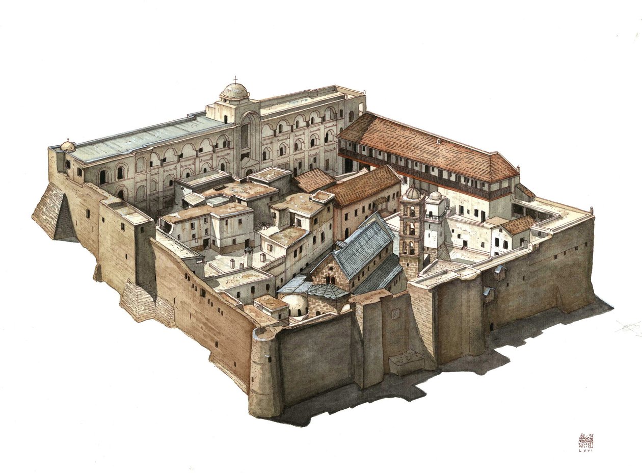 Oversigt over det ortodokse kloster St. Catherine of Sinai i Egypten. Illustration af Giorgio Albertini. (Brugen af denne forfatters værker er ikke underlagt en ansøgning om tilladelse fra en tredjepart eller betaling af yderligere gebyrer). af Giorgio Albertini