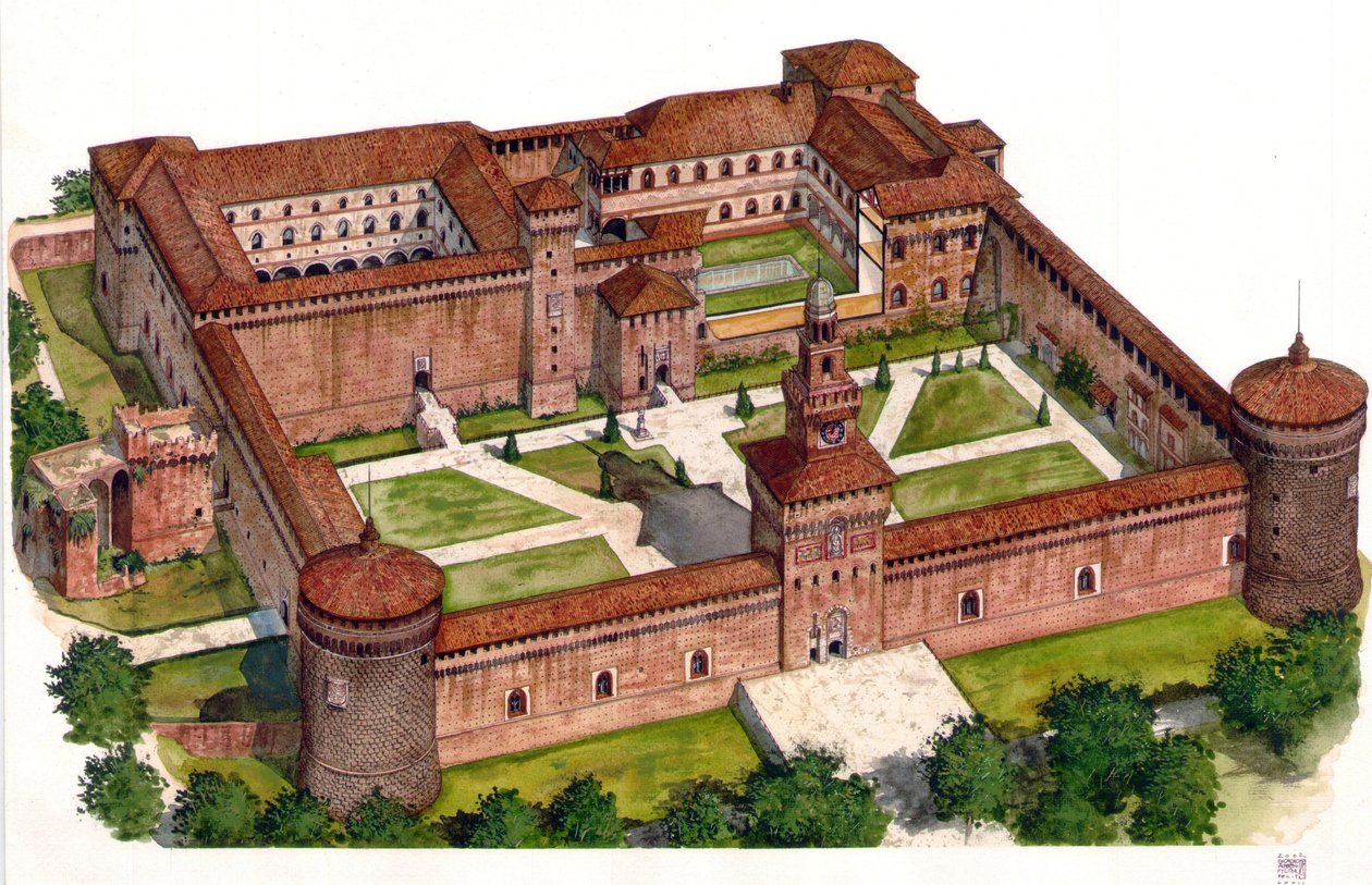 Oversigt over Sforza-slottet (Castello Sforzesco), der blev bygget af hertug Francesco Sforza i det 15. århundrede i Milano, Italien. af Giorgio Albertini