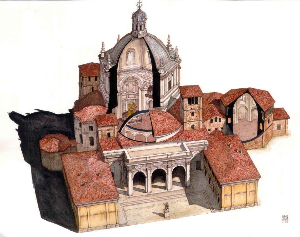 Palæokretisk kunst: oversigt og sektioner, der giver dig mulighed for at se det indre af kuplen, kapellerne, basilikaen San Lorenzo (Sankt Laurentius), der blev grundlagt i slutningen af det 4. århundrede Milano, Italien Illustration af Giorgio Albertini.  af Giorgio Albertini