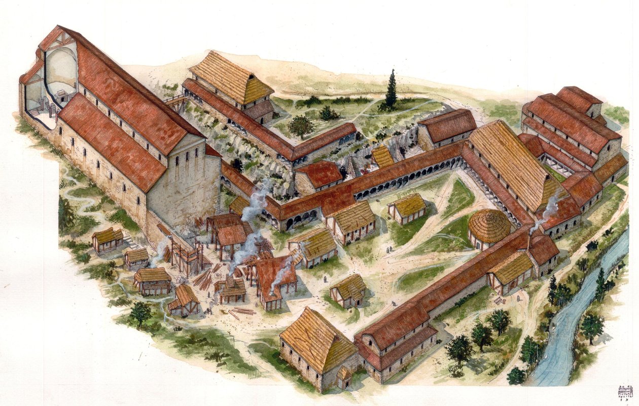 Preromansk kunst: aeriansk udsigt over velsignelsesklosteret Saint Vincent (St. Vincent) i Volturne (Abbadia di San Vincenzo al Volturno), der blev grundlagt i det 8. århundrede. Castel san Vincenzo, Italien Illustration af Giorgio Albertini. (Brugen af de af Giorgio Albertini
