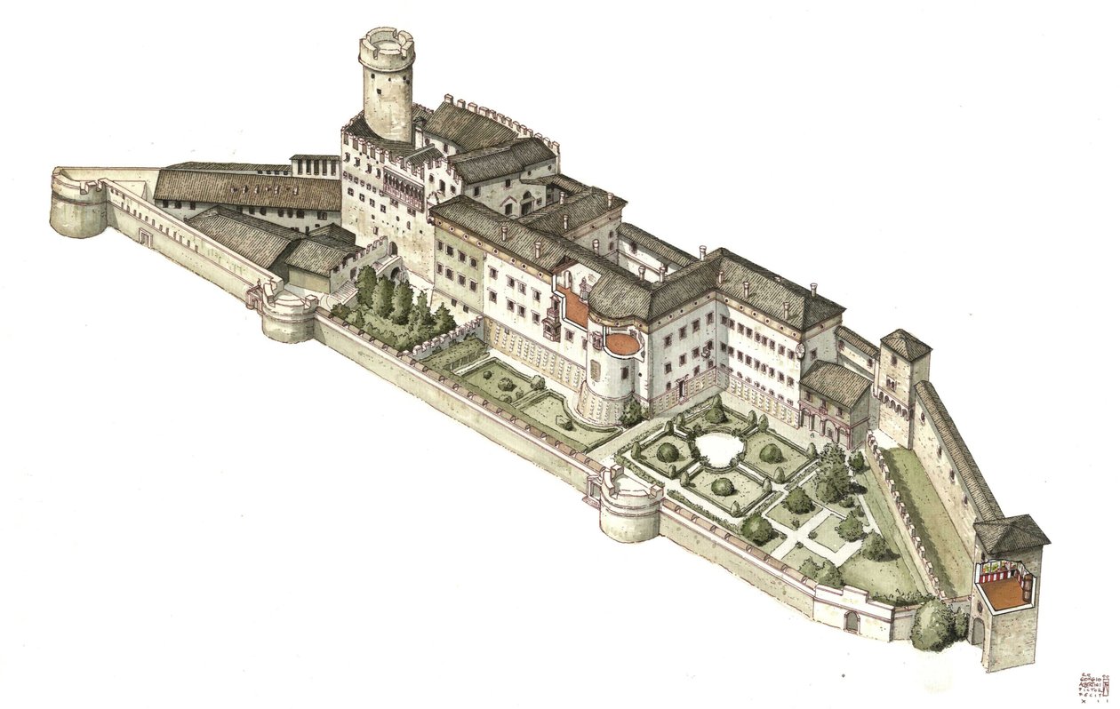 Rekonstruktion af slottet Buonconsiglio, tidligere residens for de evekiske prinser af Trento. Italien Illustration af Giorgio Albertini. (Brugen af denne forfatters værker er ikke underlagt en ansøgning om tilladelse fra en tredjepart eller betaling af en af Giorgio Albertini